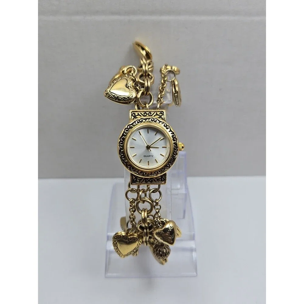 Womens Vintage Gold Tone Hearts Lockets Charms Bracelet Quartz Watch New Battery